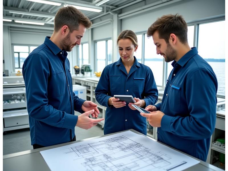 Two marine consultants reviewing blueprints and data with a client in an aquaculture setting