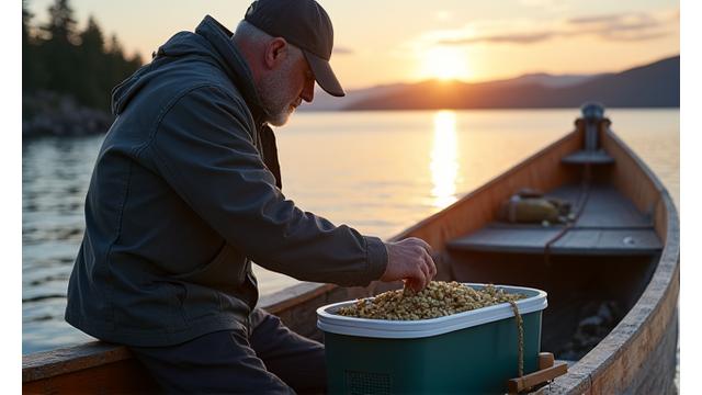 An artisanal fisherman carefully selecting bait from a cooler on a small fishing boat at sunrise in a calm Nova Scotia cove.