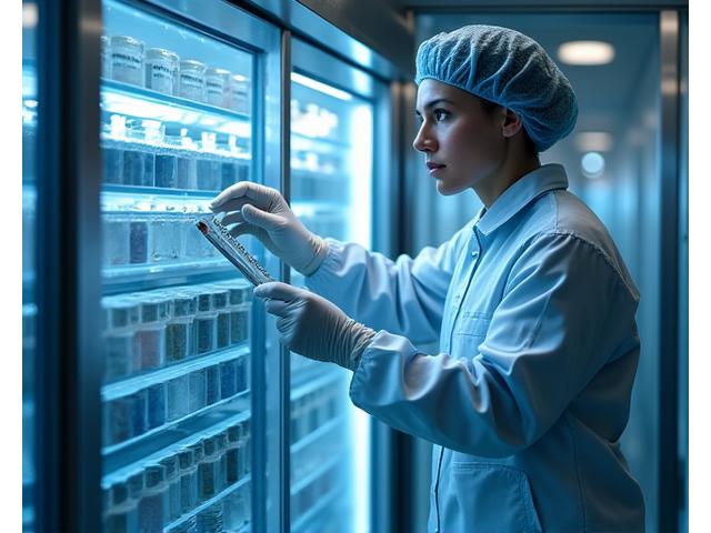 A Perennial Catch technician inspecting temperature and quality in a clean, high-tech refrigerated storage facility filled with neatly stacked bait containers.