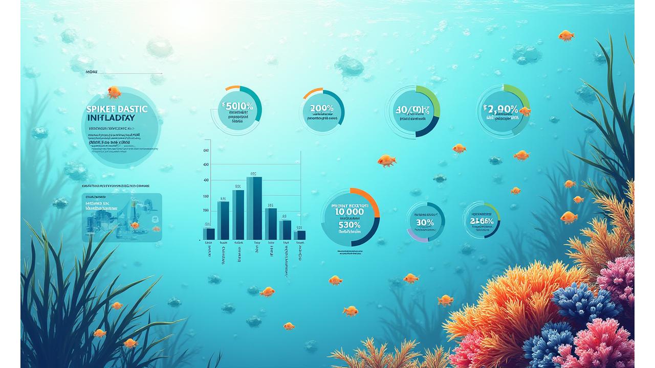 A vibrant infographic representing ocean health metrics, with charts showing plastic reduction, carbon savings, and marine life recovery, using the brand's blue and green colors.