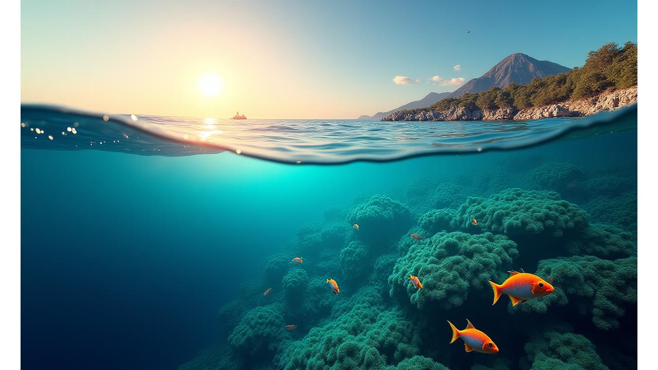 Vibrant, clean ocean scene with a visual overlay showing fishing nets transforming into modern fishing gear, all within a circular economy framework.