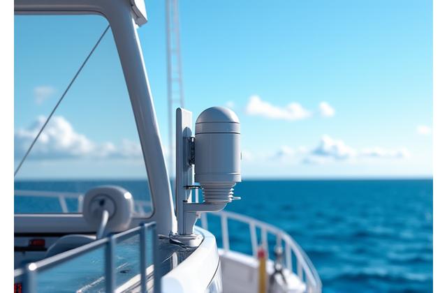 Modern marine satellite communication device on a fishing boat's bridge interface