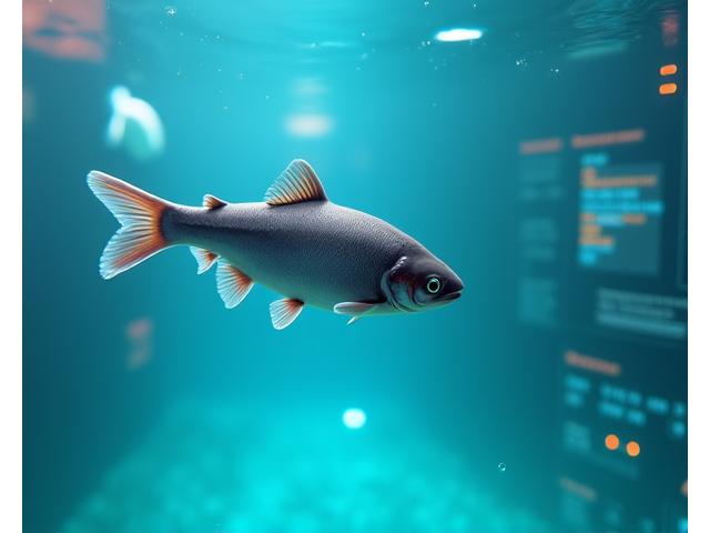 Close-up of sleek, waterproof IoT sensors deployed in a modern aquaculture fish tank, displaying data on a digital interface