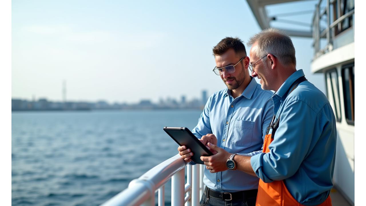 Consultant explaining sustainable fishing practices to a mariner on a tablet, with a backdrop of a modern fishing vessel at sea off the coast of Halifax, Nova Scotia